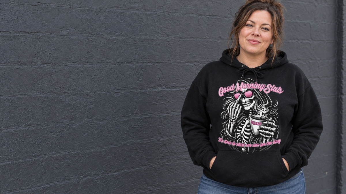 Woman wearing the black Gia Good Morning Sluts pullover hoodie
