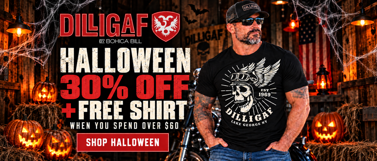 DILLIGAF Halloween: 30% off plus free shirt when you spend over $60. Full-bleed desktop 21:9.